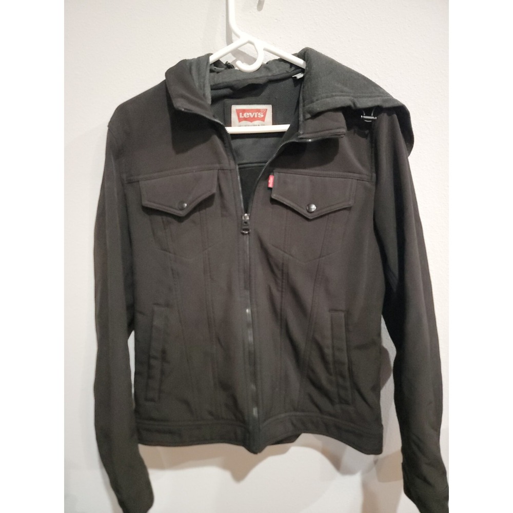 LEVI'S COMMUTER TRUCKER BLACK SOFT SHELL HOODED  FULL ZIP  JACKET   MEN'S‎ SMALL